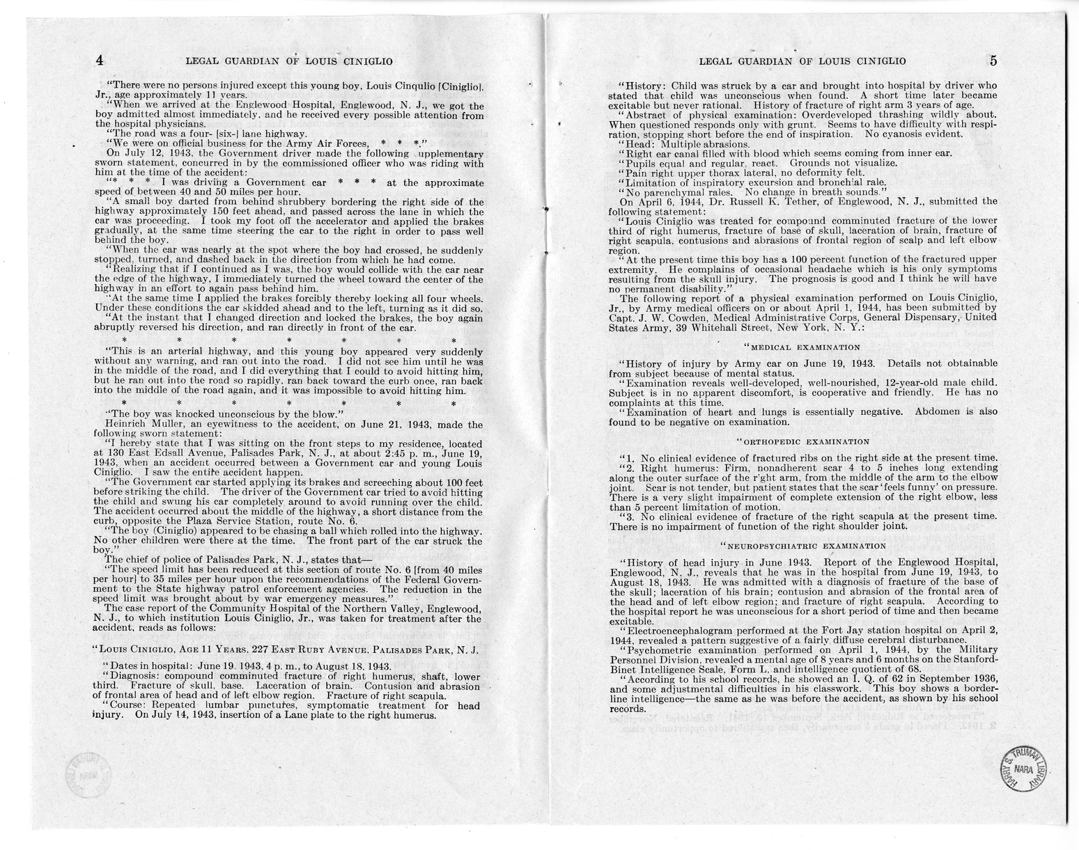 Memorandum from Frederick J. Bailey to M. C. Latta, H.R. 1561, For the Relief of the Legal Guardian of Louis Ciniglio, with Attachments