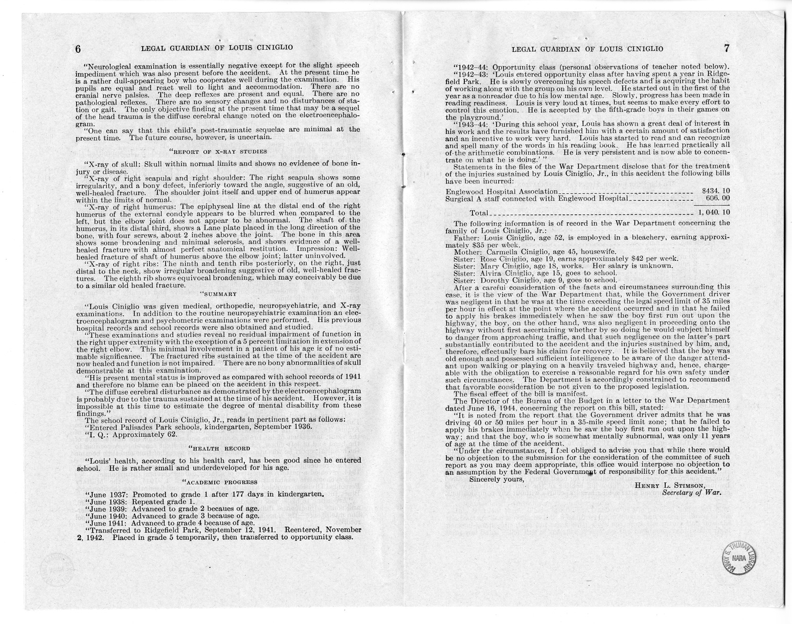 Memorandum from Frederick J. Bailey to M. C. Latta, H.R. 1561, For the Relief of the Legal Guardian of Louis Ciniglio, with Attachments