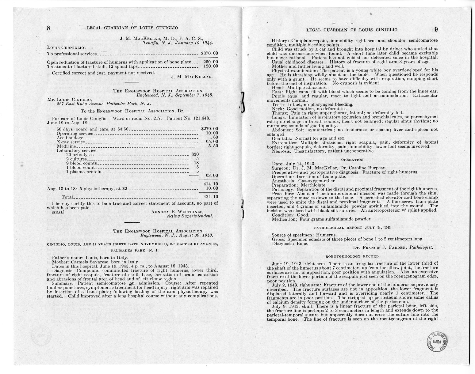 Memorandum from Frederick J. Bailey to M. C. Latta, H.R. 1561, For the Relief of the Legal Guardian of Louis Ciniglio, with Attachments