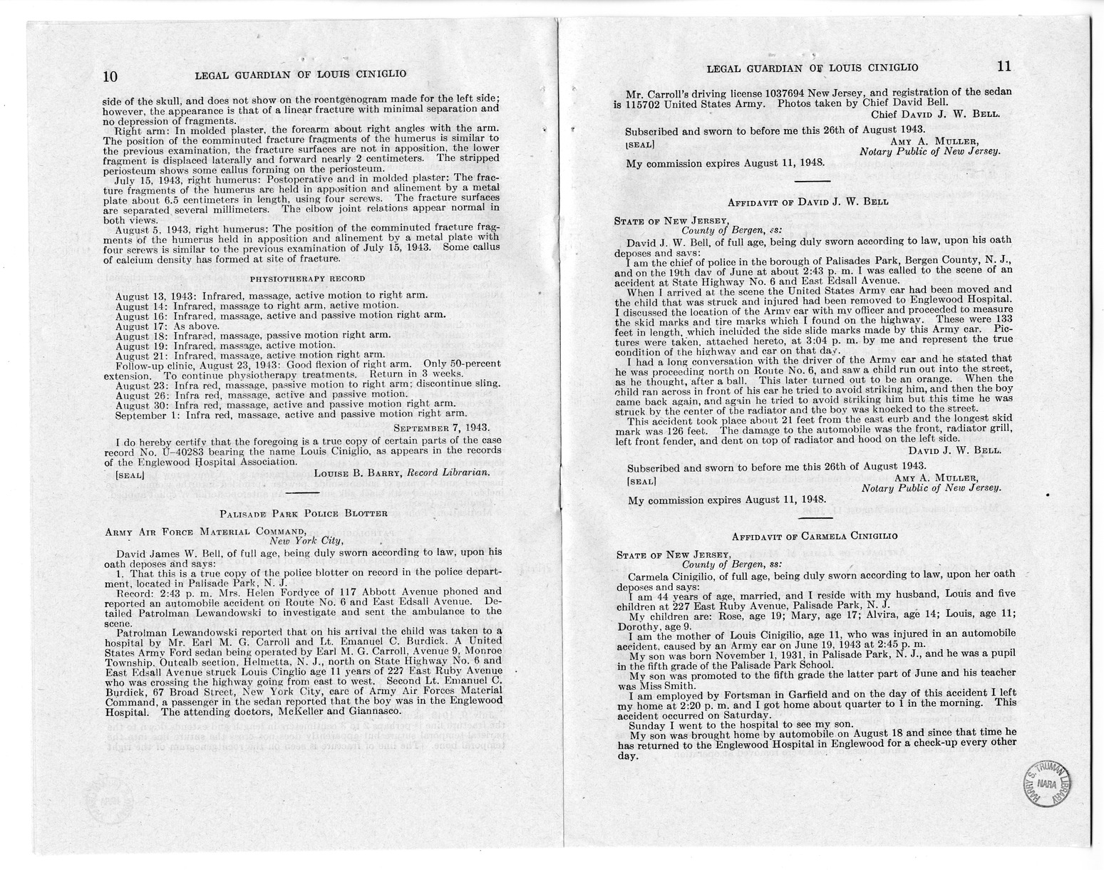 Memorandum from Frederick J. Bailey to M. C. Latta, H.R. 1561, For the Relief of the Legal Guardian of Louis Ciniglio, with Attachments