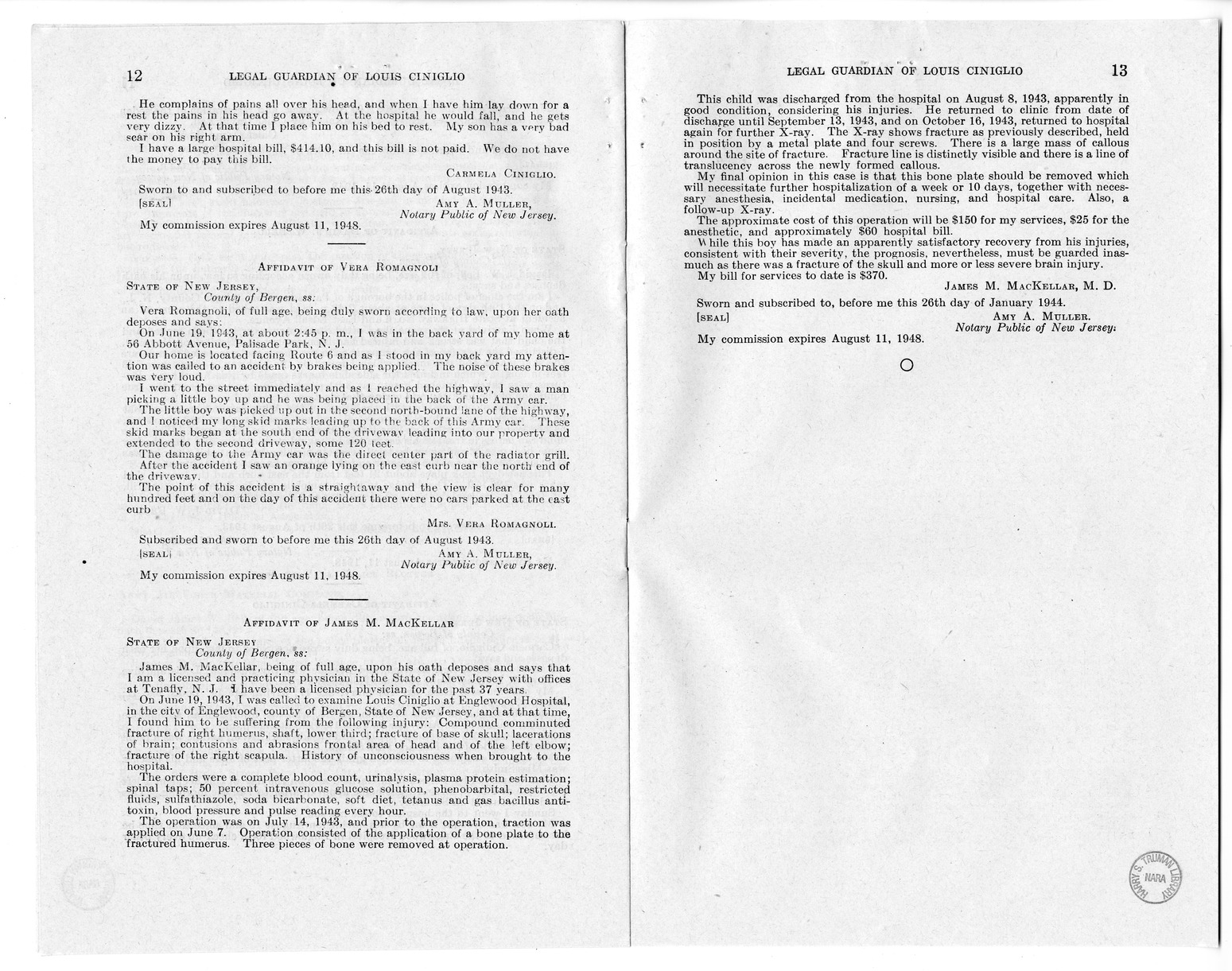 Memorandum from Frederick J. Bailey to M. C. Latta, H.R. 1561, For the Relief of the Legal Guardian of Louis Ciniglio, with Attachments