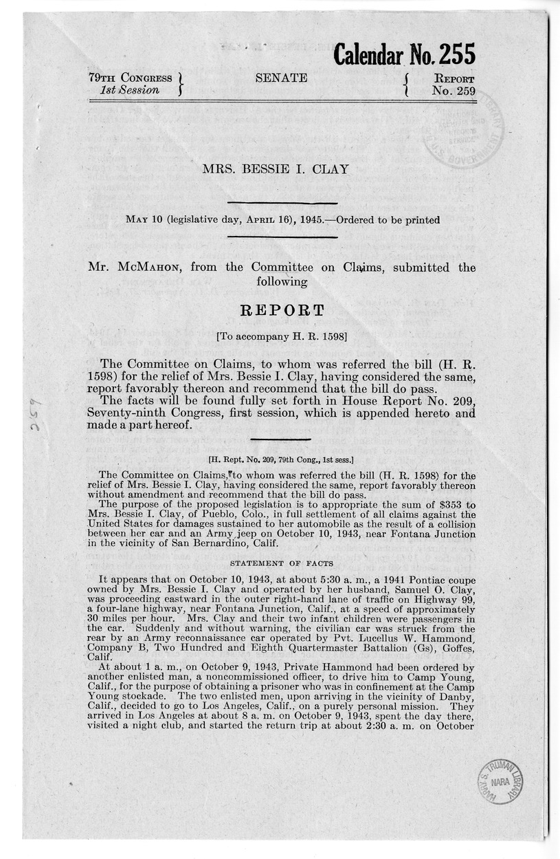 Memorandum from Frederick J. Bailey to M. C. Latta, H.R. 1598, For the Relief of Bessie I. Clay, with Attachments