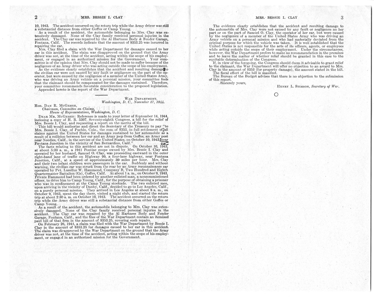 Memorandum from Frederick J. Bailey to M. C. Latta, H.R. 1598, For the Relief of Bessie I. Clay, with Attachments