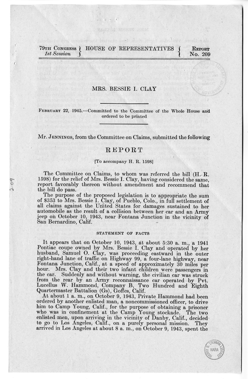 Memorandum from Frederick J. Bailey to M. C. Latta, H.R. 1598, For the Relief of Bessie I. Clay, with Attachments