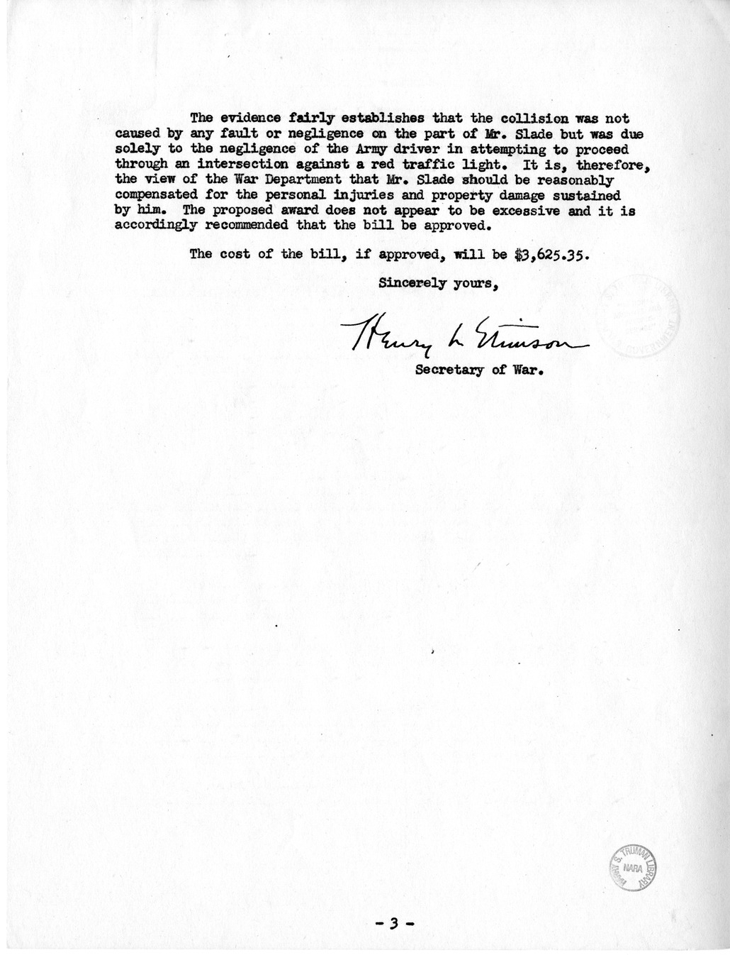 Memorandum from Frederick J. Bailey to M. C. Latta, H.R. 1602, For the Relief of Robert Lee Slade, with Attachments