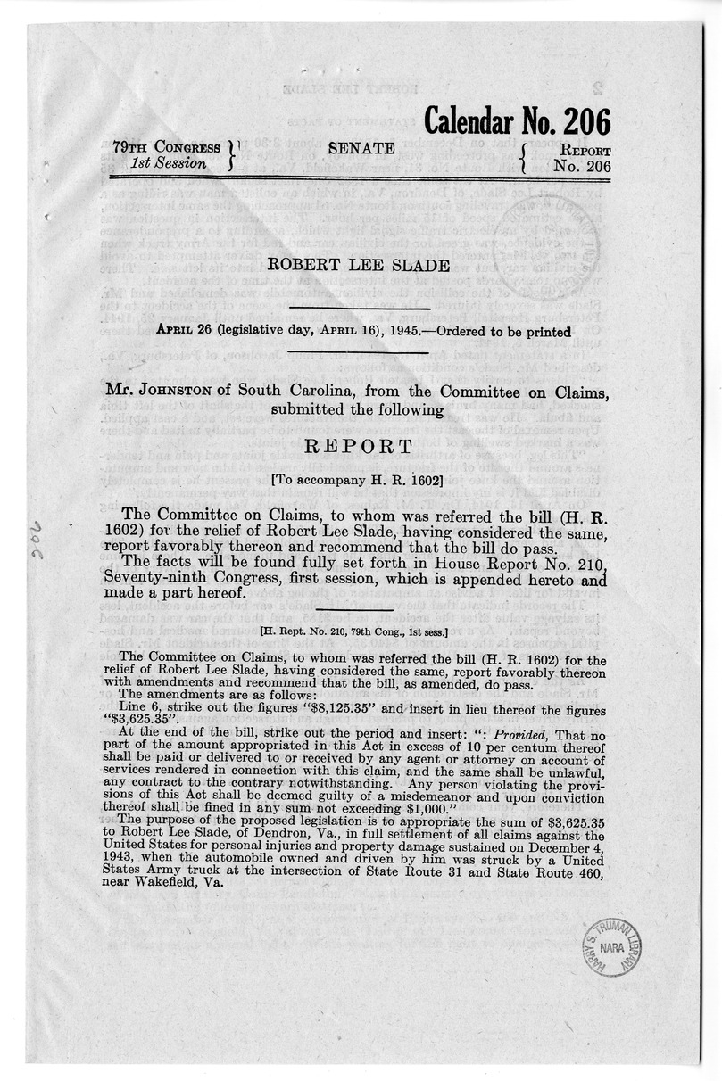 Memorandum from Frederick J. Bailey to M. C. Latta, H.R. 1602, For the Relief of Robert Lee Slade, with Attachments