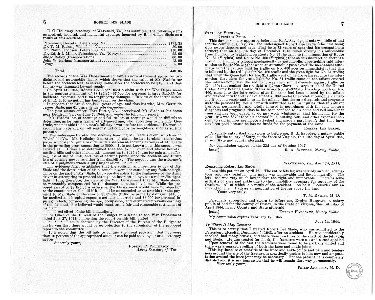 Memorandum from Frederick J. Bailey to M. C. Latta, H.R. 1602, For the Relief of Robert Lee Slade, with Attachments