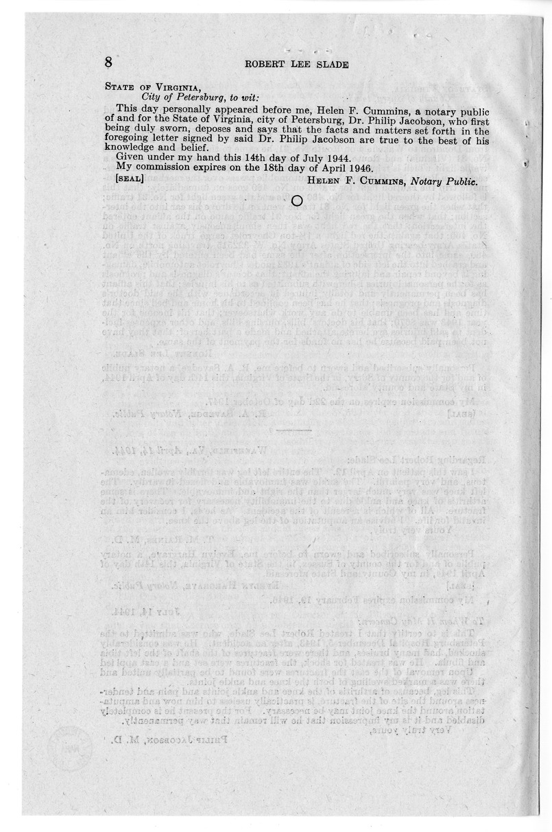 Memorandum from Frederick J. Bailey to M. C. Latta, H.R. 1602, For the Relief of Robert Lee Slade, with Attachments