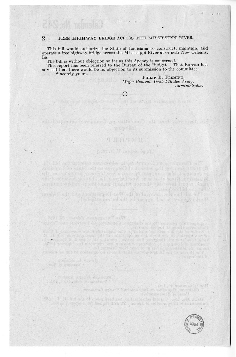 Memorandum from Frederick J. Bailey to M. C. Latta, H. R. 1652, Granting Consent to the State of Louisiana to Construct, Maintain, and Operate a Free Highway Bridge Across the Mississippi River Near New Orleans, Louisiana, with Attachments