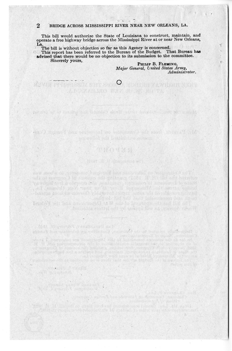 Memorandum from Frederick J. Bailey to M. C. Latta, H. R. 1652, Granting Consent to the State of Louisiana to Construct, Maintain, and Operate a Free Highway Bridge Across the Mississippi River Near New Orleans, Louisiana, with Attachments
