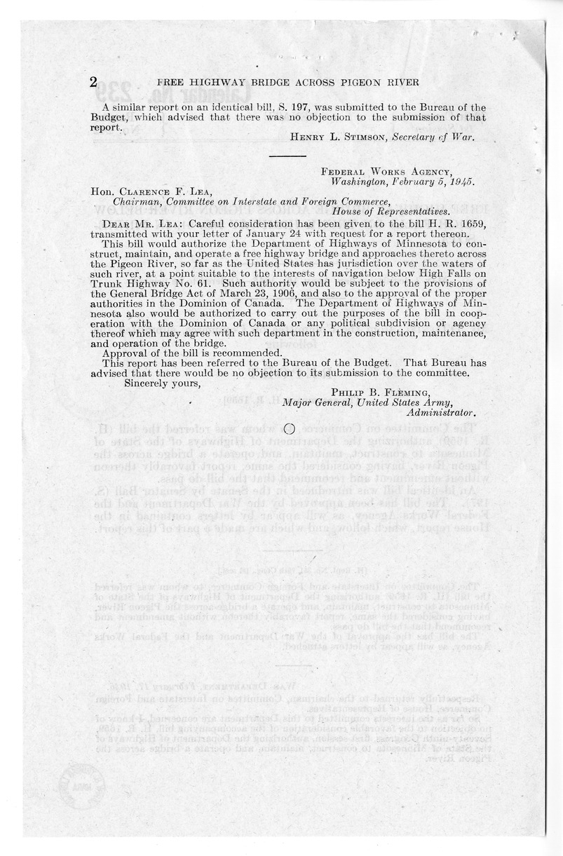 Memorandum from Frederick J. Bailey to M. C. Latta, H.R. 1659, Authorizing the Department of Highways of the State of Minnesota to Construct, Maintain, and Operate a Bridge Across the Pigeon River, with Attachments