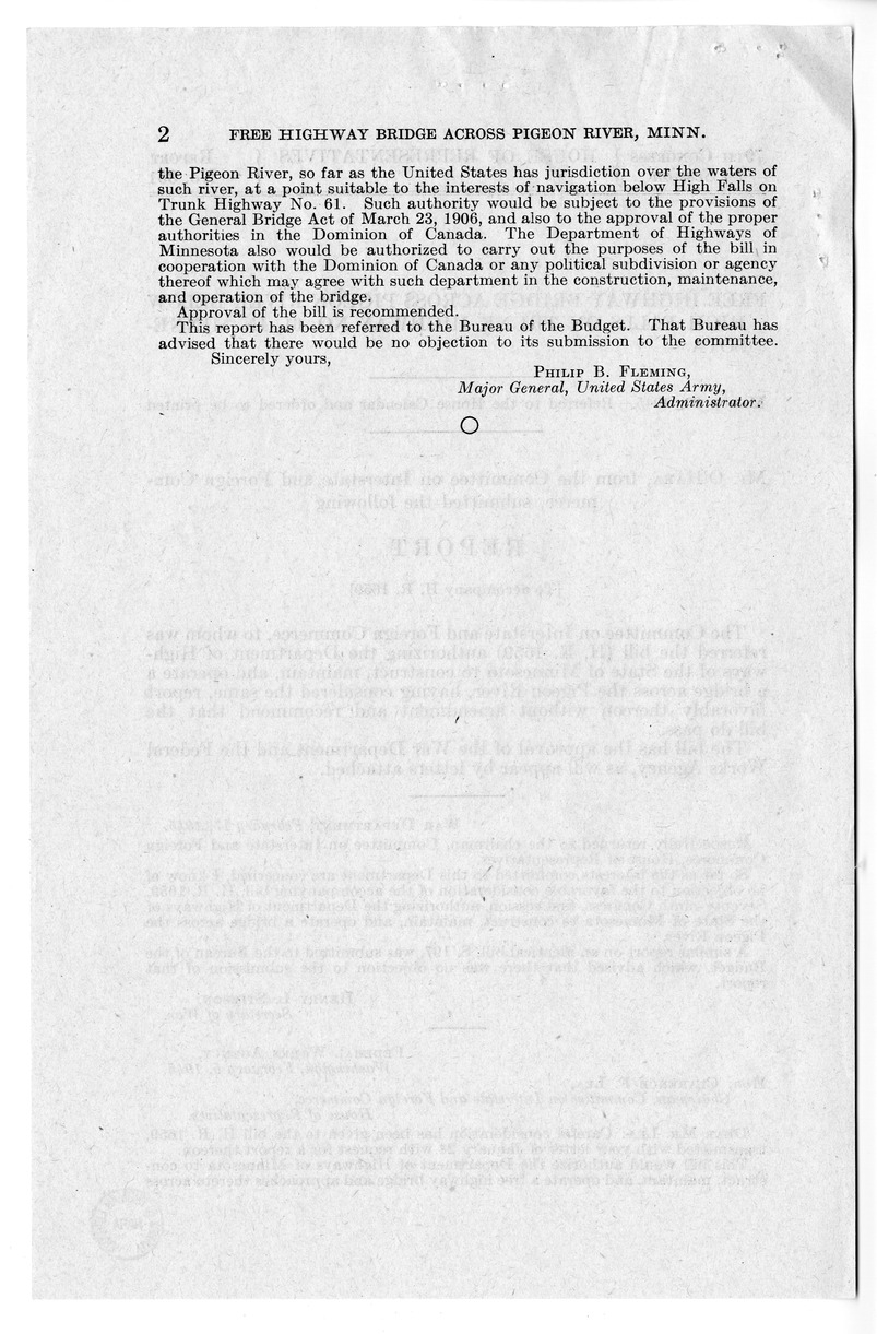 Memorandum from Frederick J. Bailey to M. C. Latta, H.R. 1659, Authorizing the Department of Highways of the State of Minnesota to Construct, Maintain, and Operate a Bridge Across the Pigeon River, with Attachments