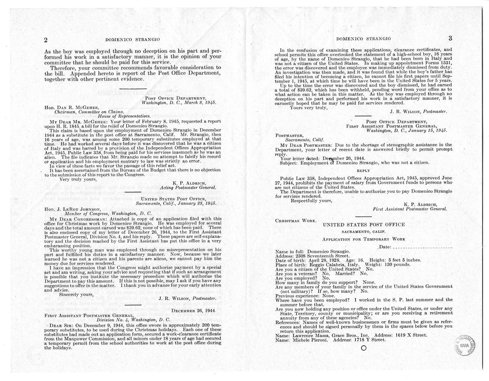 Memorandum from Frederick J. Bailey to M. C. Latta, H. R. 1845, for the Relief of Domenico Strangio, with Attachments