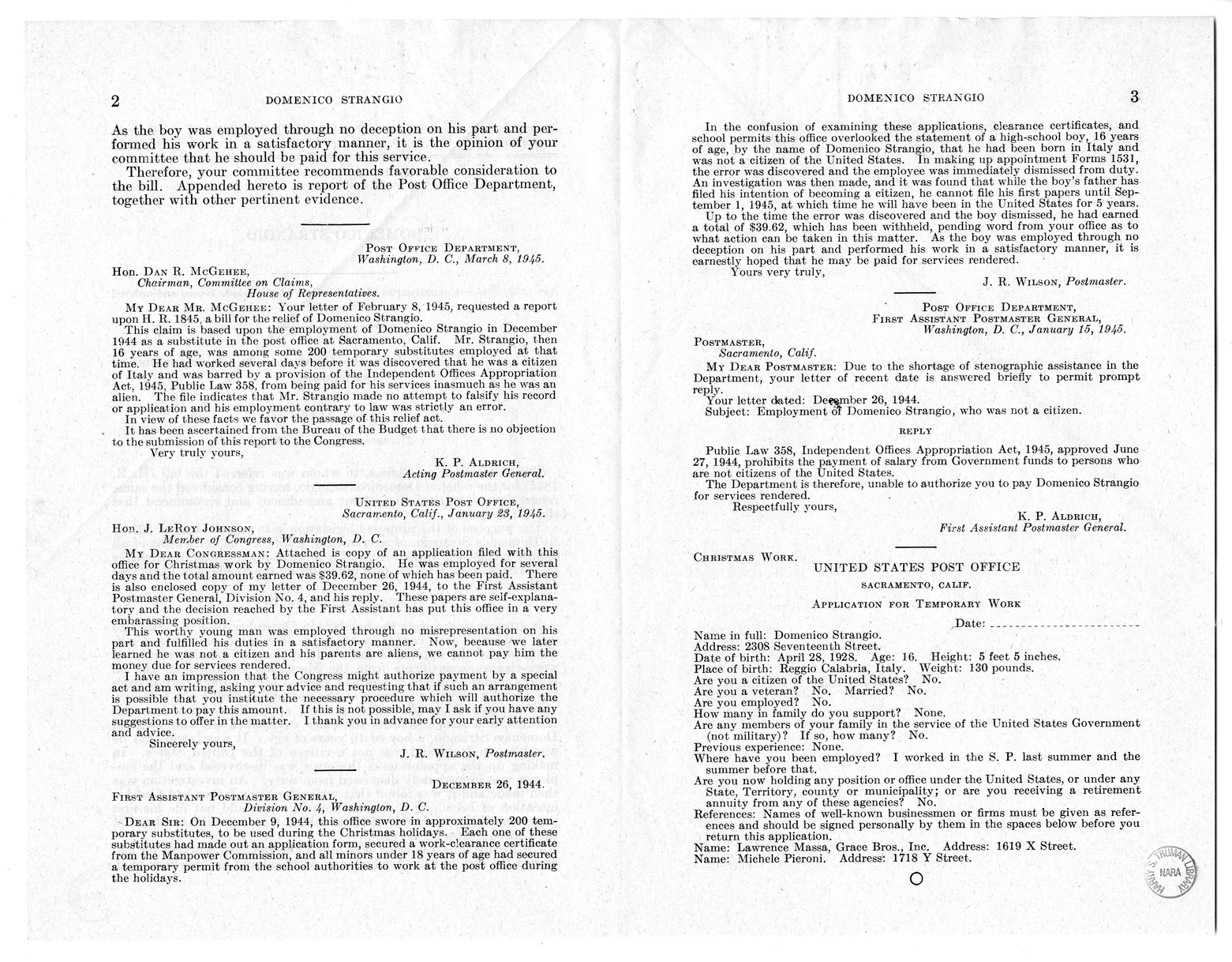 Memorandum from Frederick J. Bailey to M. C. Latta, H. R. 1845, for the Relief of Domenico Strangio, with Attachments