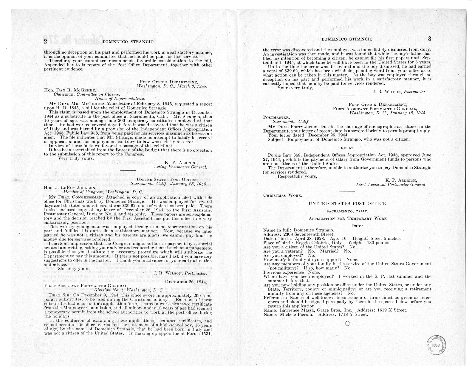 Memorandum from Frederick J. Bailey to M. C. Latta, H. R. 1845, for the Relief of Domenico Strangio, with Attachments