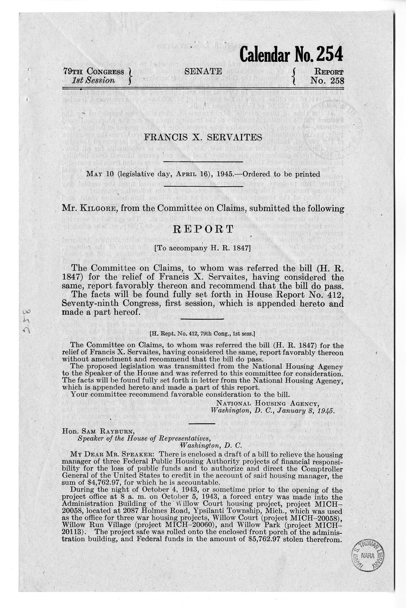 Memorandum from Frederick J. Bailey to M. C. Latta, H.R. 1847, For the Relief of Francis X. Servaites, with Attachments