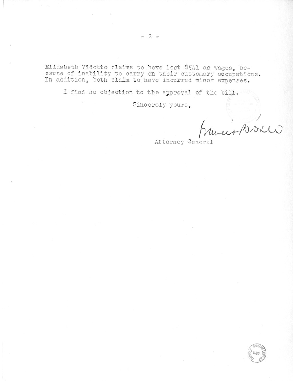 Memorandum from Frederick J. Bailey to M. C. Latta, H.R. 1910, For the Relief of Frank Lore and Elizabeth Vidotto, with Attachments
