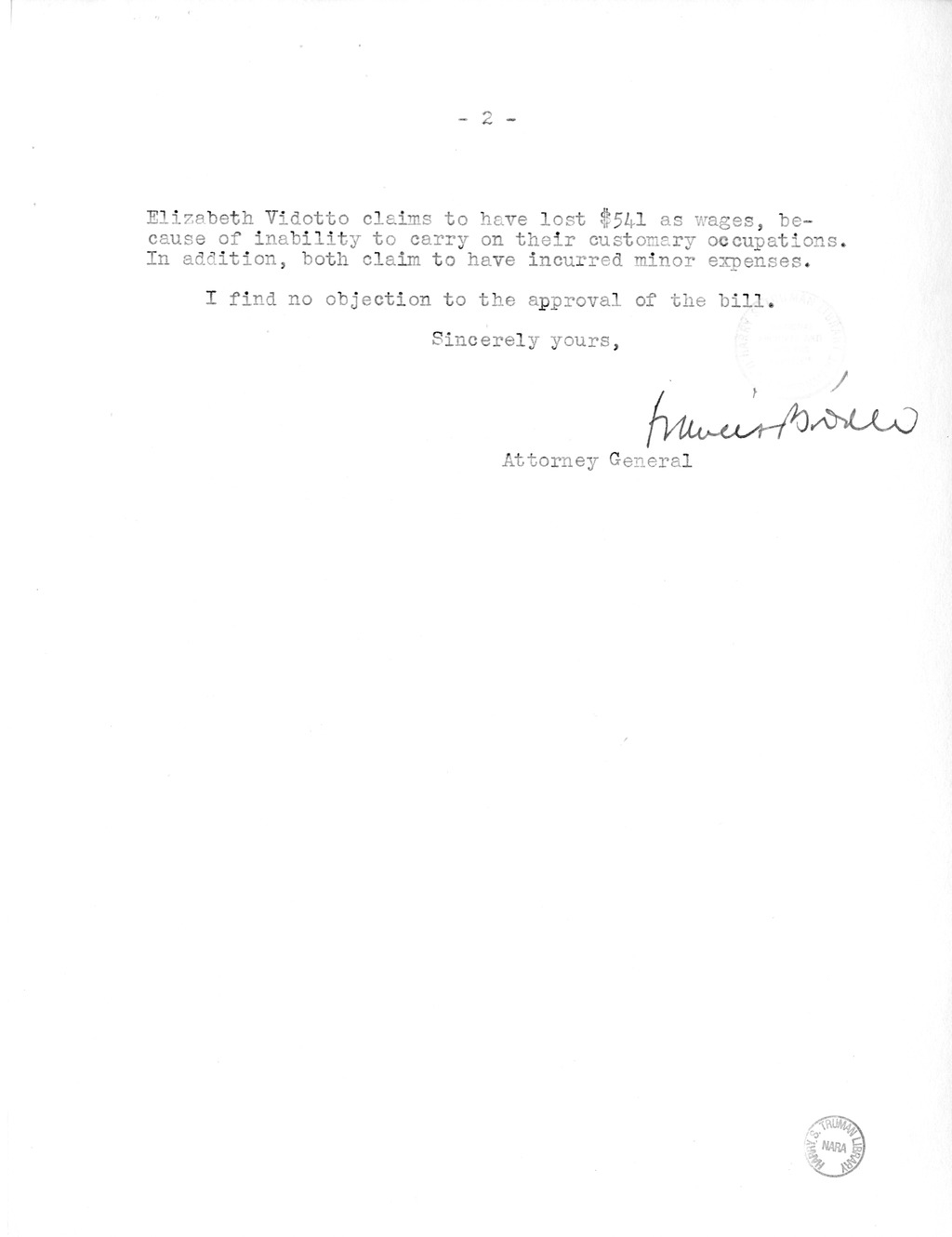 Memorandum from Frederick J. Bailey to M. C. Latta, H.R. 1910, For the Relief of Frank Lore and Elizabeth Vidotto, with Attachments