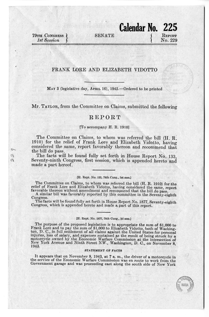 Memorandum from Frederick J. Bailey to M. C. Latta, H.R. 1910, For the Relief of Frank Lore and Elizabeth Vidotto, with Attachments