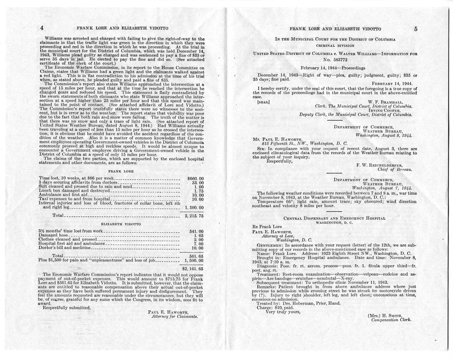 Memorandum from Frederick J. Bailey to M. C. Latta, H.R. 1910, For the Relief of Frank Lore and Elizabeth Vidotto, with Attachments