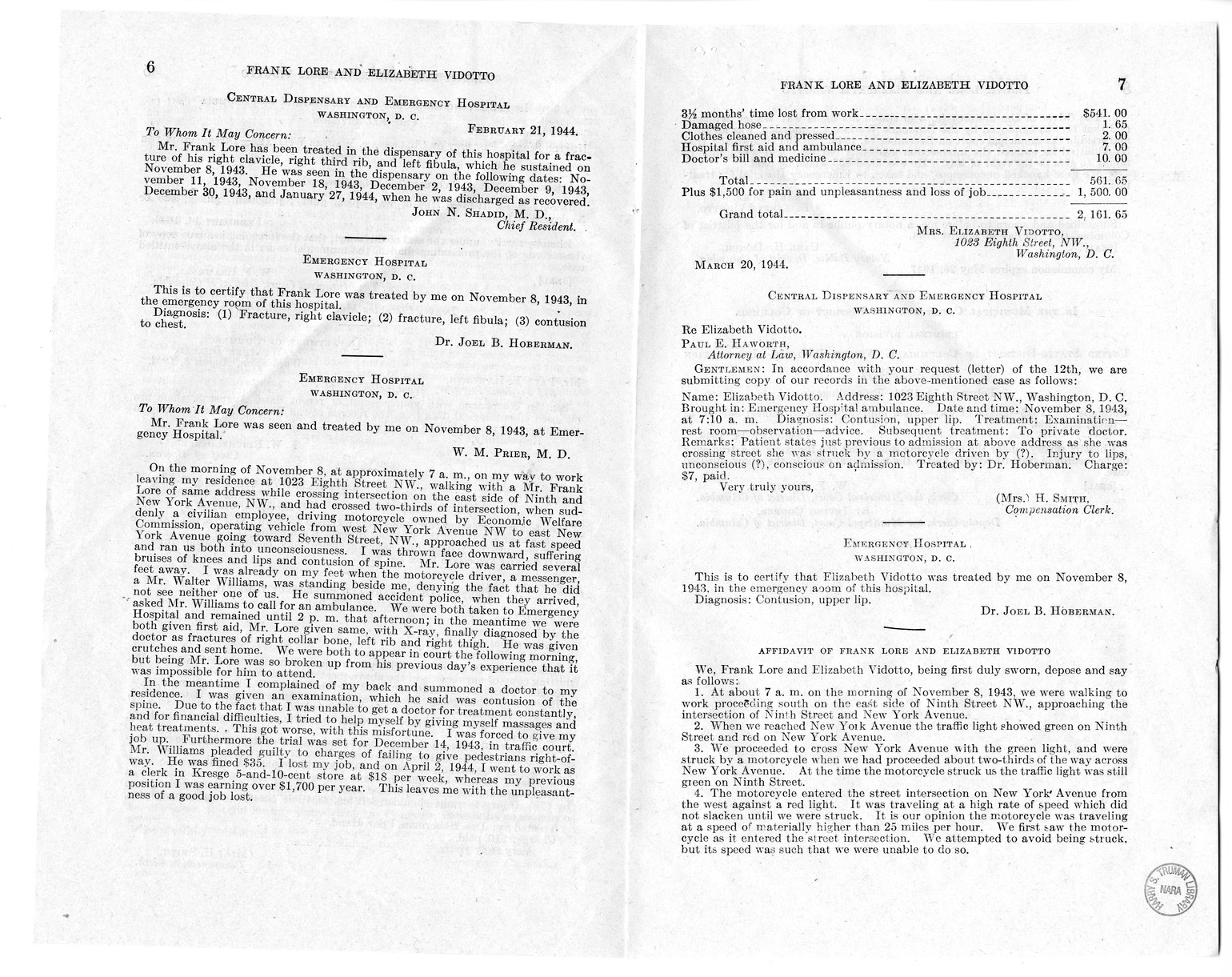 Memorandum from Frederick J. Bailey to M. C. Latta, H.R. 1910, For the Relief of Frank Lore and Elizabeth Vidotto, with Attachments