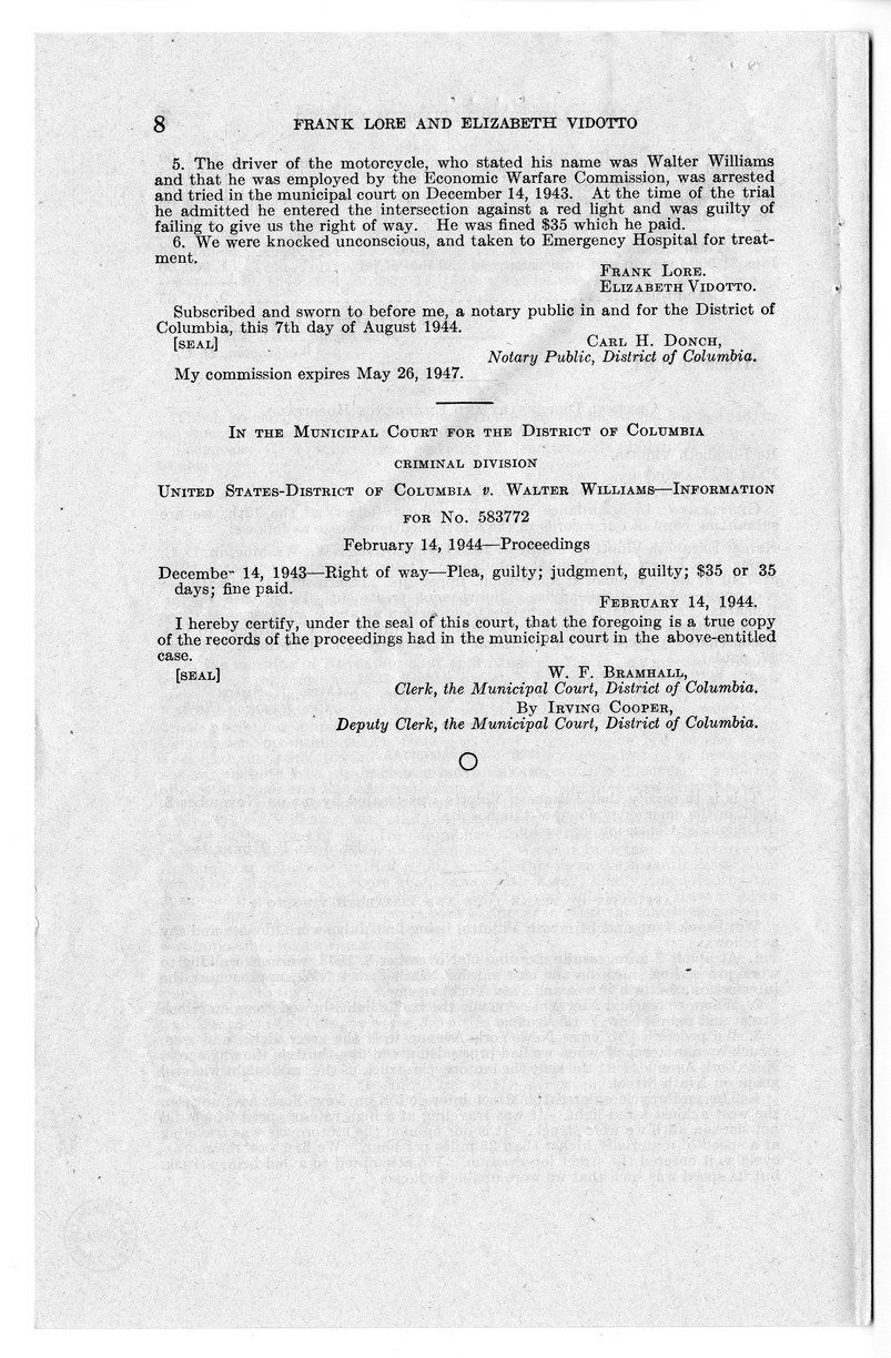 Memorandum from Frederick J. Bailey to M. C. Latta, H.R. 1910, For the Relief of Frank Lore and Elizabeth Vidotto, with Attachments