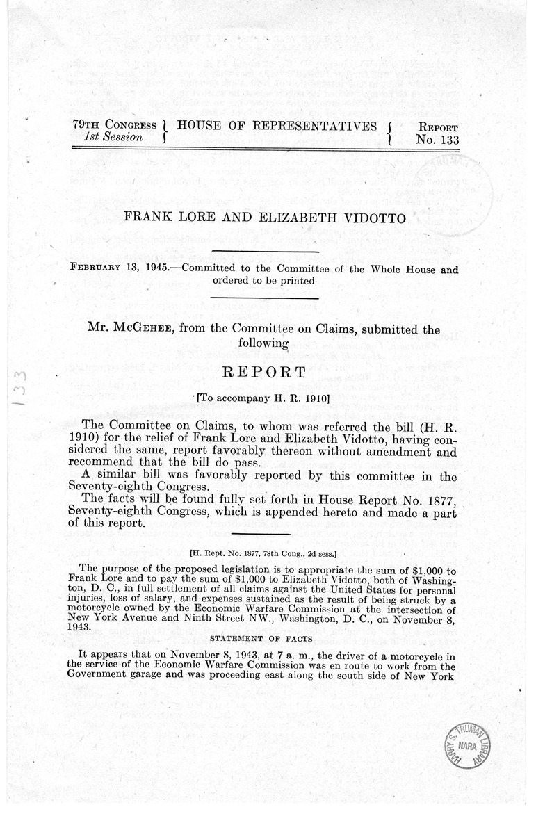 Memorandum from Frederick J. Bailey to M. C. Latta, H.R. 1910, For the Relief of Frank Lore and Elizabeth Vidotto, with Attachments