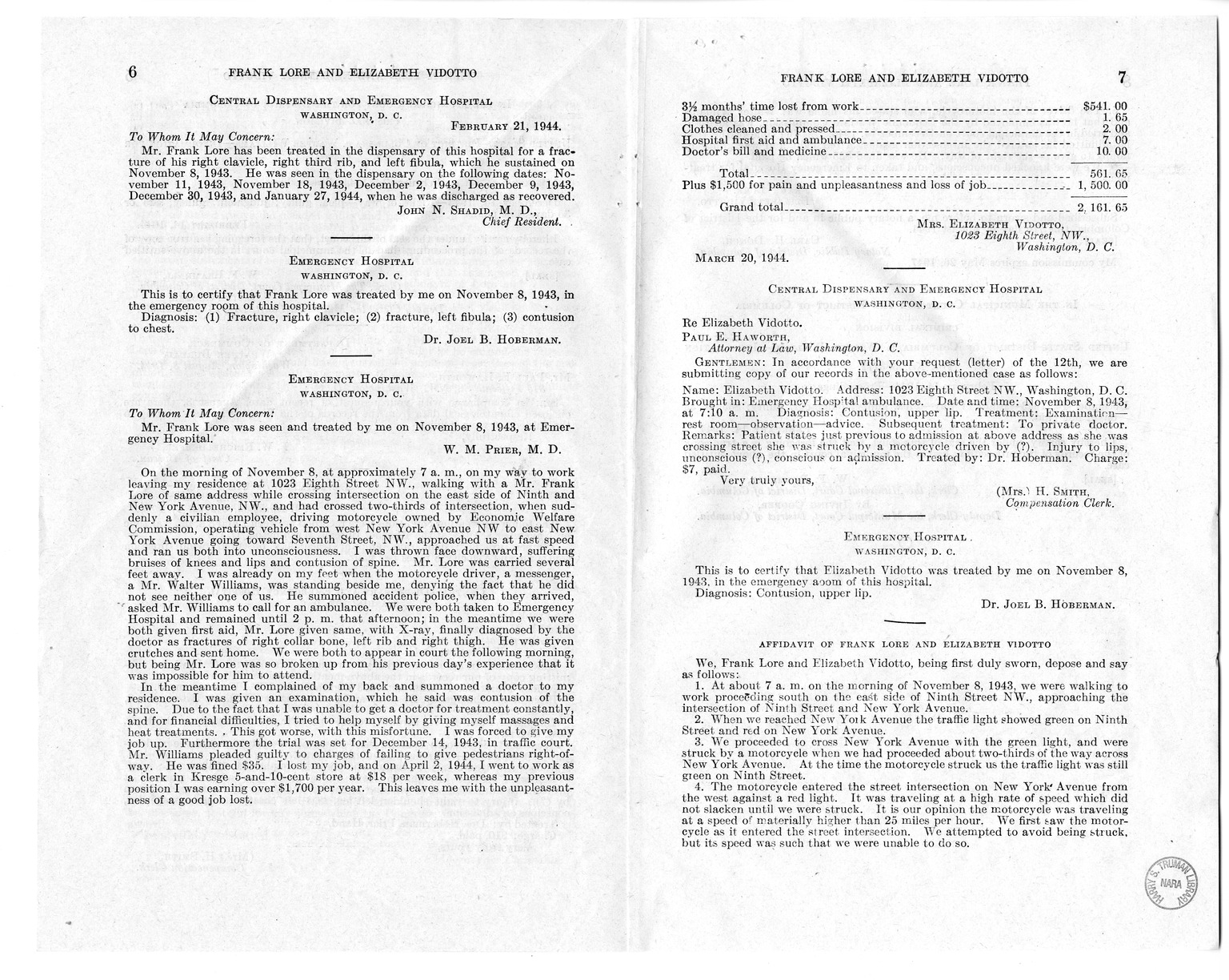 Memorandum from Frederick J. Bailey to M. C. Latta, H.R. 1910, For the Relief of Frank Lore and Elizabeth Vidotto, with Attachments