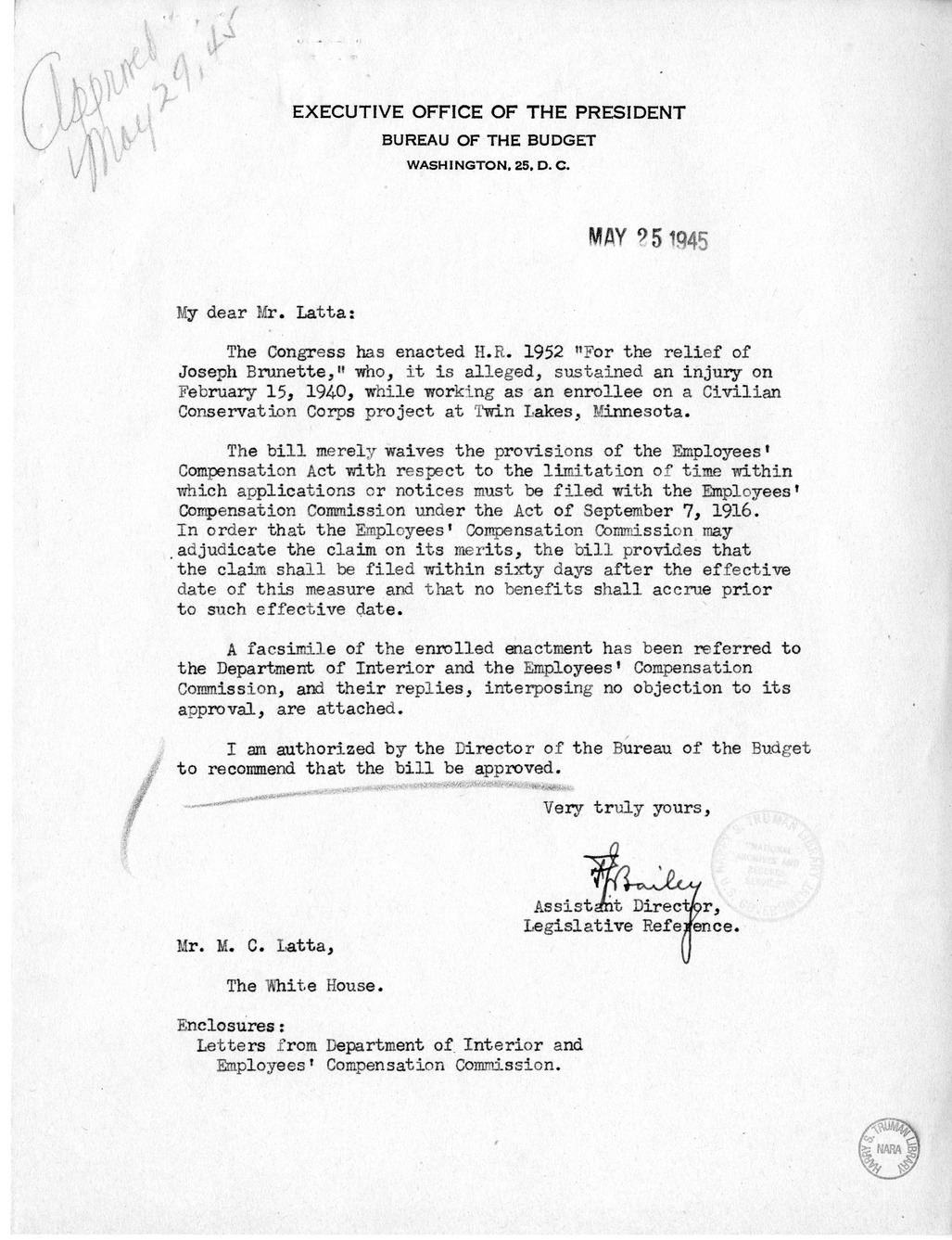 Memorandum from Frederick J. Bailey to M. C. Latta, H.R. 1952, For the Relief of Joseph Brunette, with Attachments