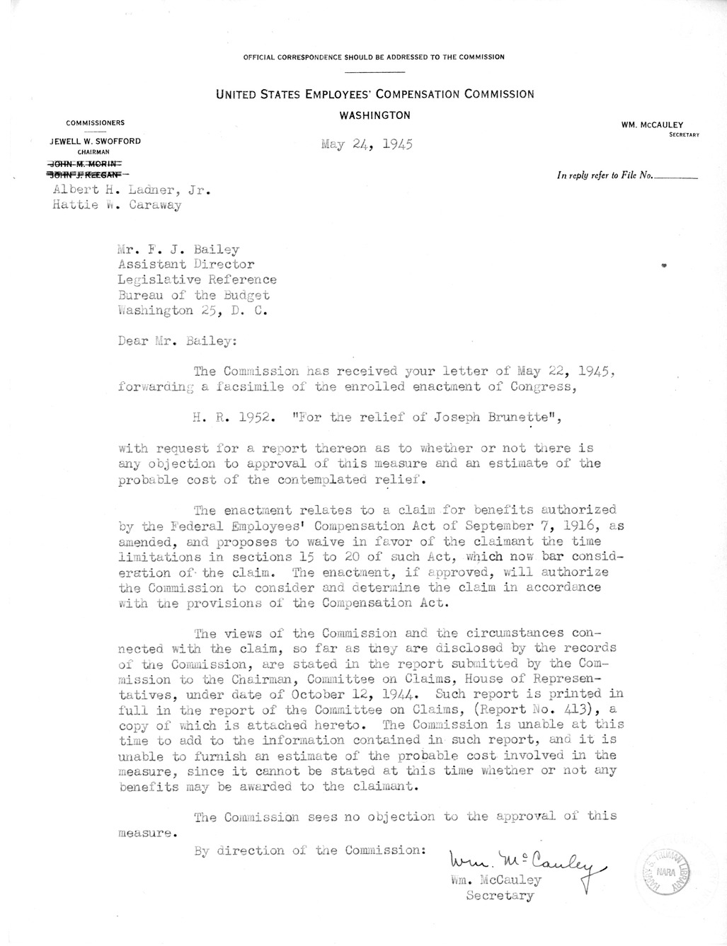 Memorandum from Frederick J. Bailey to M. C. Latta, H.R. 1952, For the Relief of Joseph Brunette, with Attachments