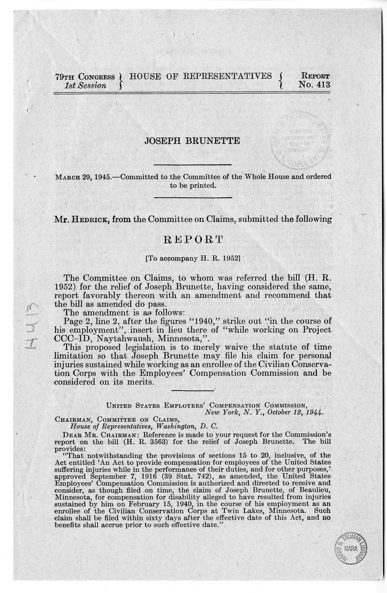 Memorandum from Frederick J. Bailey to M. C. Latta, H.R. 1952, For the Relief of Joseph Brunette, with Attachments