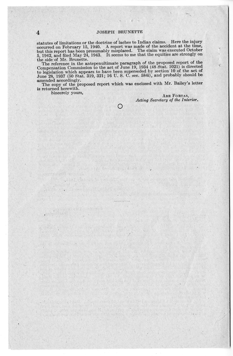 Memorandum from Frederick J. Bailey to M. C. Latta, H.R. 1952, For the Relief of Joseph Brunette, with Attachments