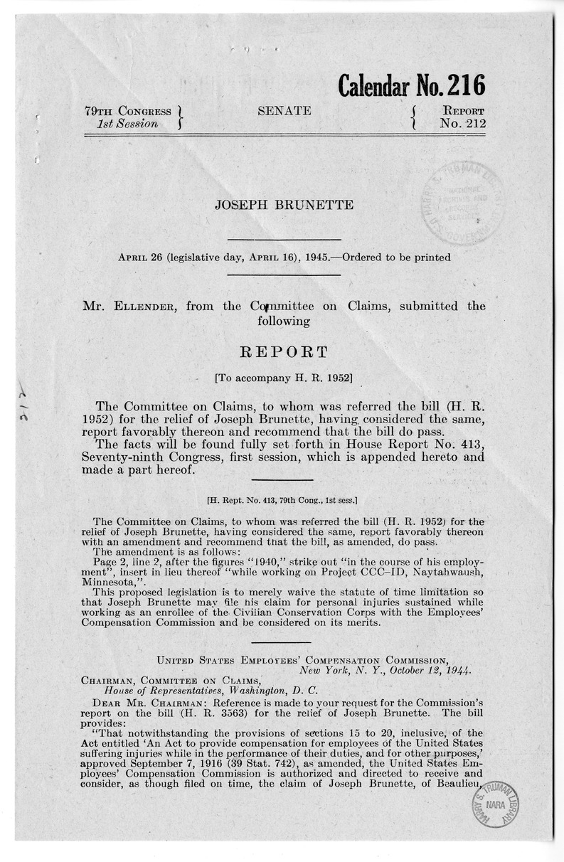 Memorandum from Frederick J. Bailey to M. C. Latta, H.R. 1952, For the Relief of Joseph Brunette, with Attachments