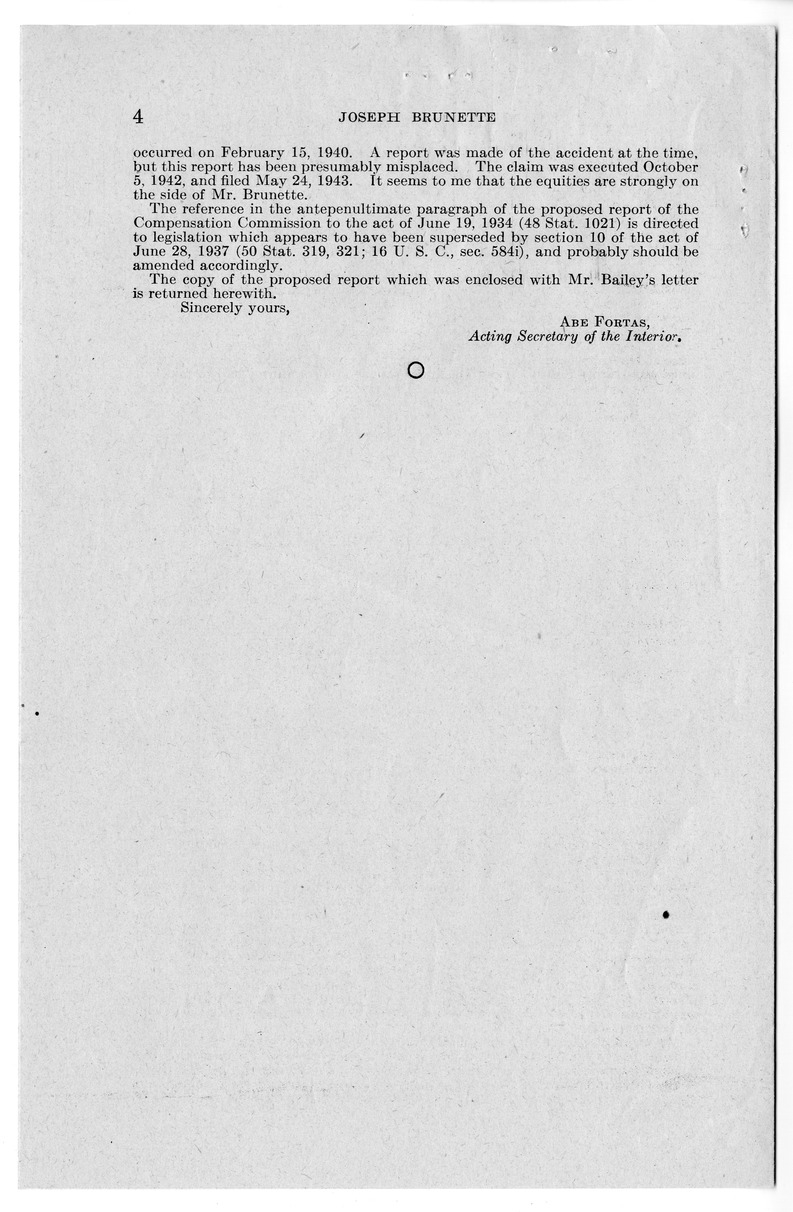 Memorandum from Frederick J. Bailey to M. C. Latta, H.R. 1952, For the Relief of Joseph Brunette, with Attachments