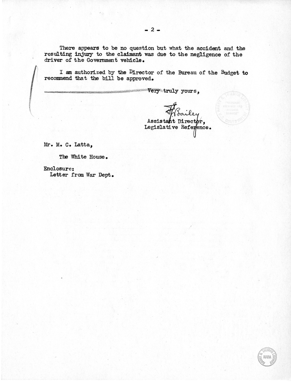 Memorandum from Frederick J. Bailey to M. C. Latta, H.R. 2006, For the Relief of Boyd B. Black, with attachments