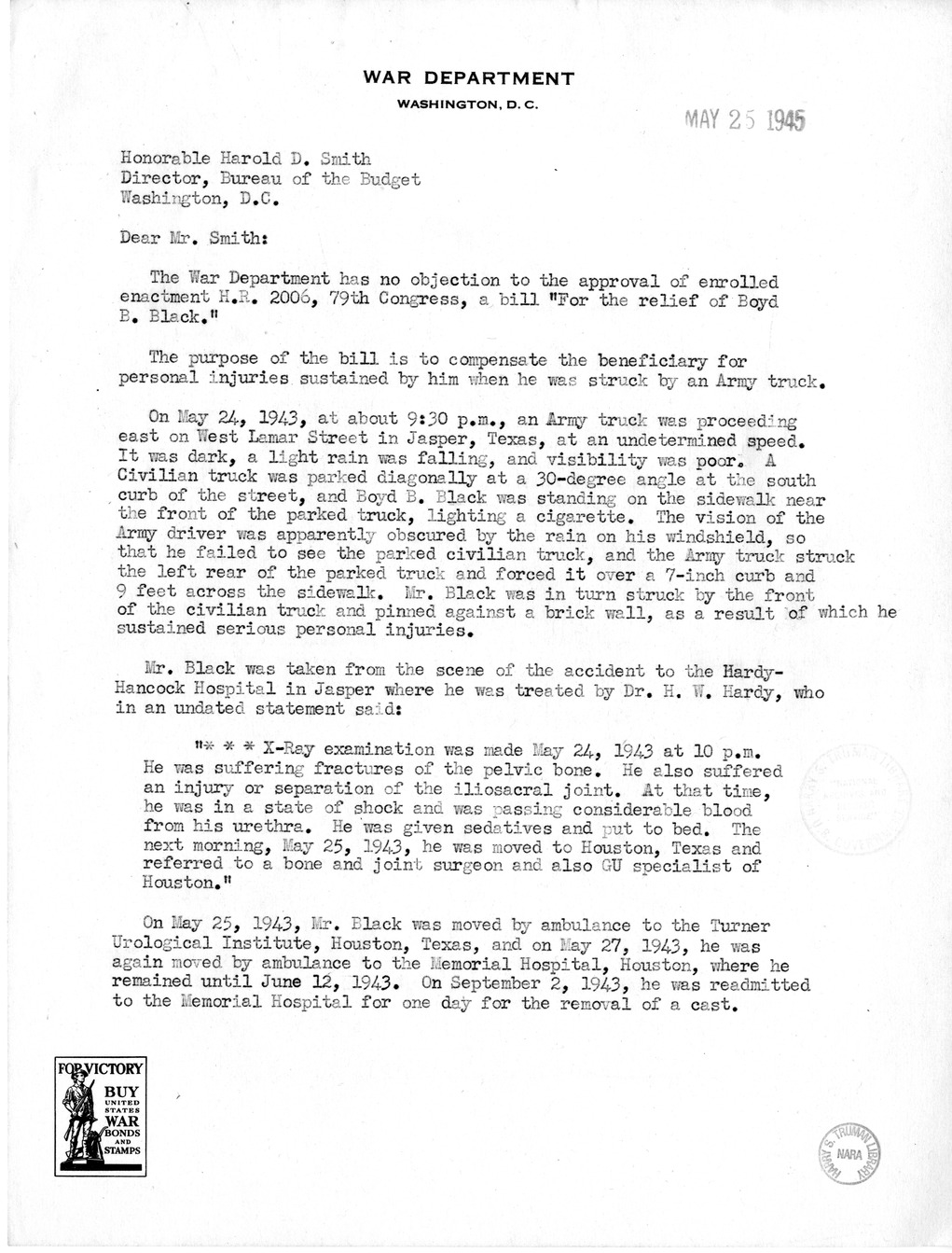 Memorandum from Frederick J. Bailey to M. C. Latta, H.R. 2006, For the Relief of Boyd B. Black, with attachments