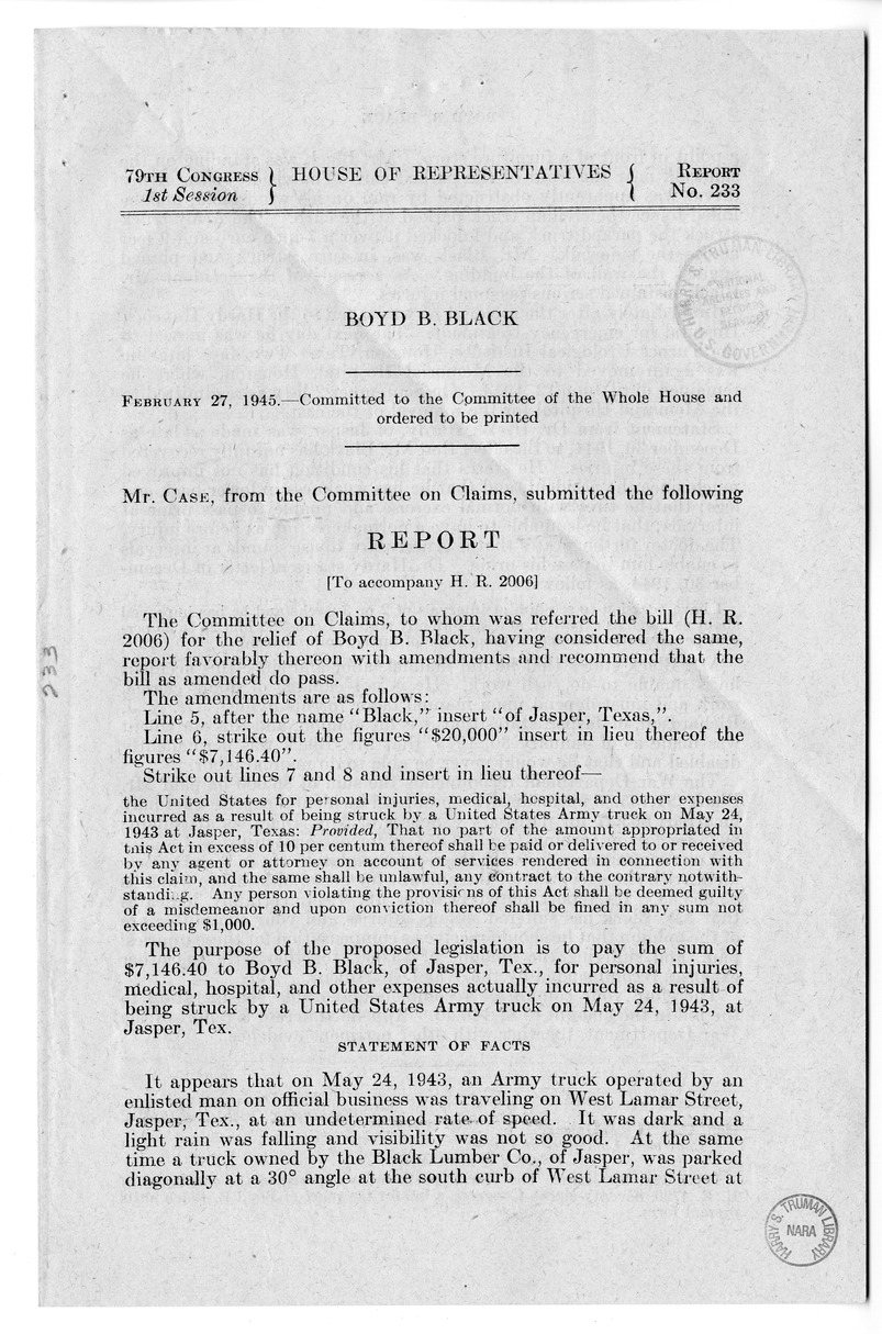 Memorandum from Frederick J. Bailey to M. C. Latta, H.R. 2006, For the Relief of Boyd B. Black, with attachments