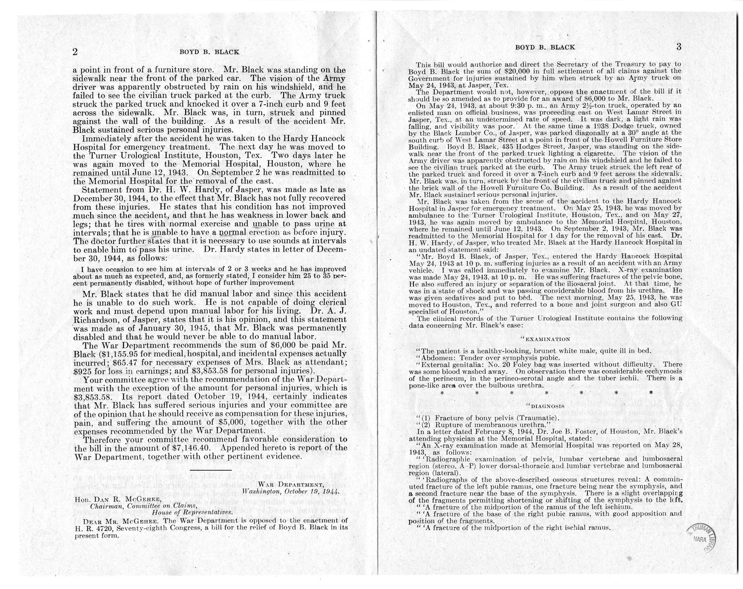 Memorandum from Frederick J. Bailey to M. C. Latta, H.R. 2006, For the Relief of Boyd B. Black, with attachments