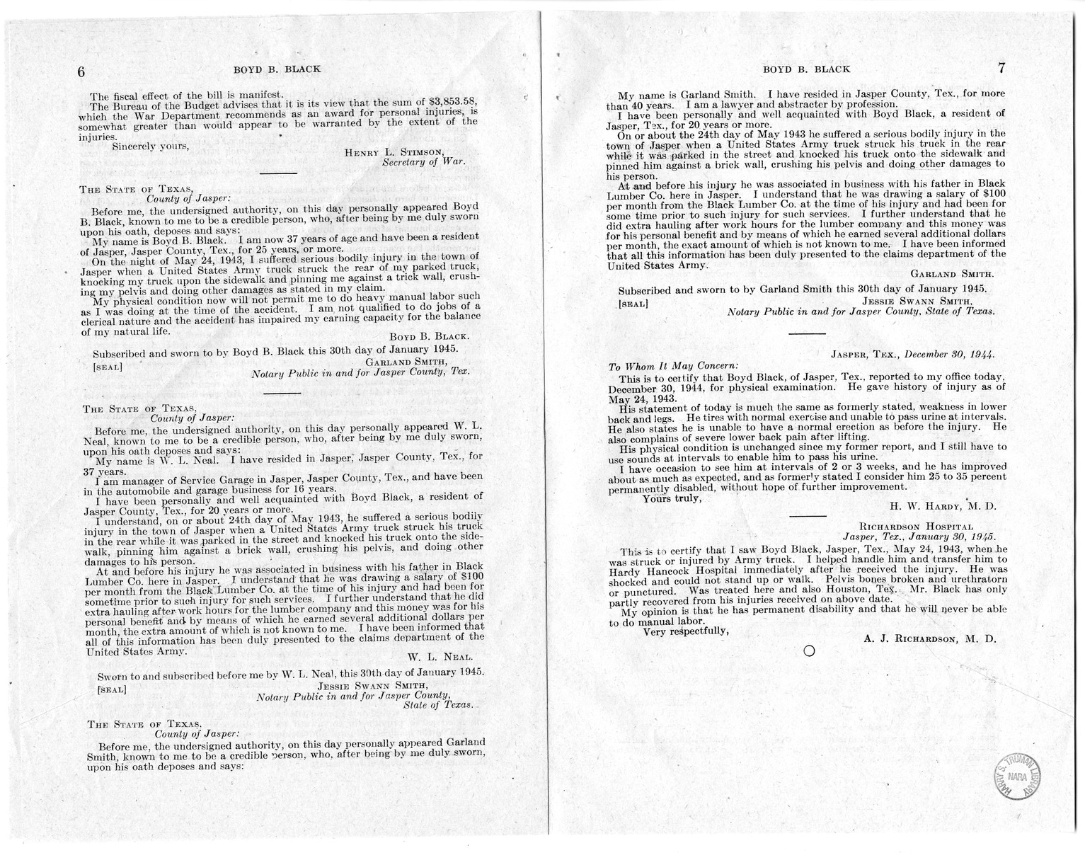 Memorandum from Frederick J. Bailey to M. C. Latta, H.R. 2006, For the Relief of Boyd B. Black, with attachments