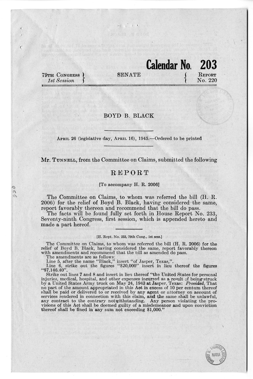 Memorandum from Frederick J. Bailey to M. C. Latta, H.R. 2006, For the Relief of Boyd B. Black, with attachments