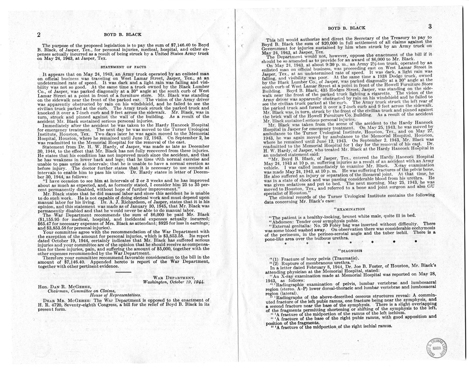 Memorandum from Frederick J. Bailey to M. C. Latta, H.R. 2006, For the Relief of Boyd B. Black, with attachments