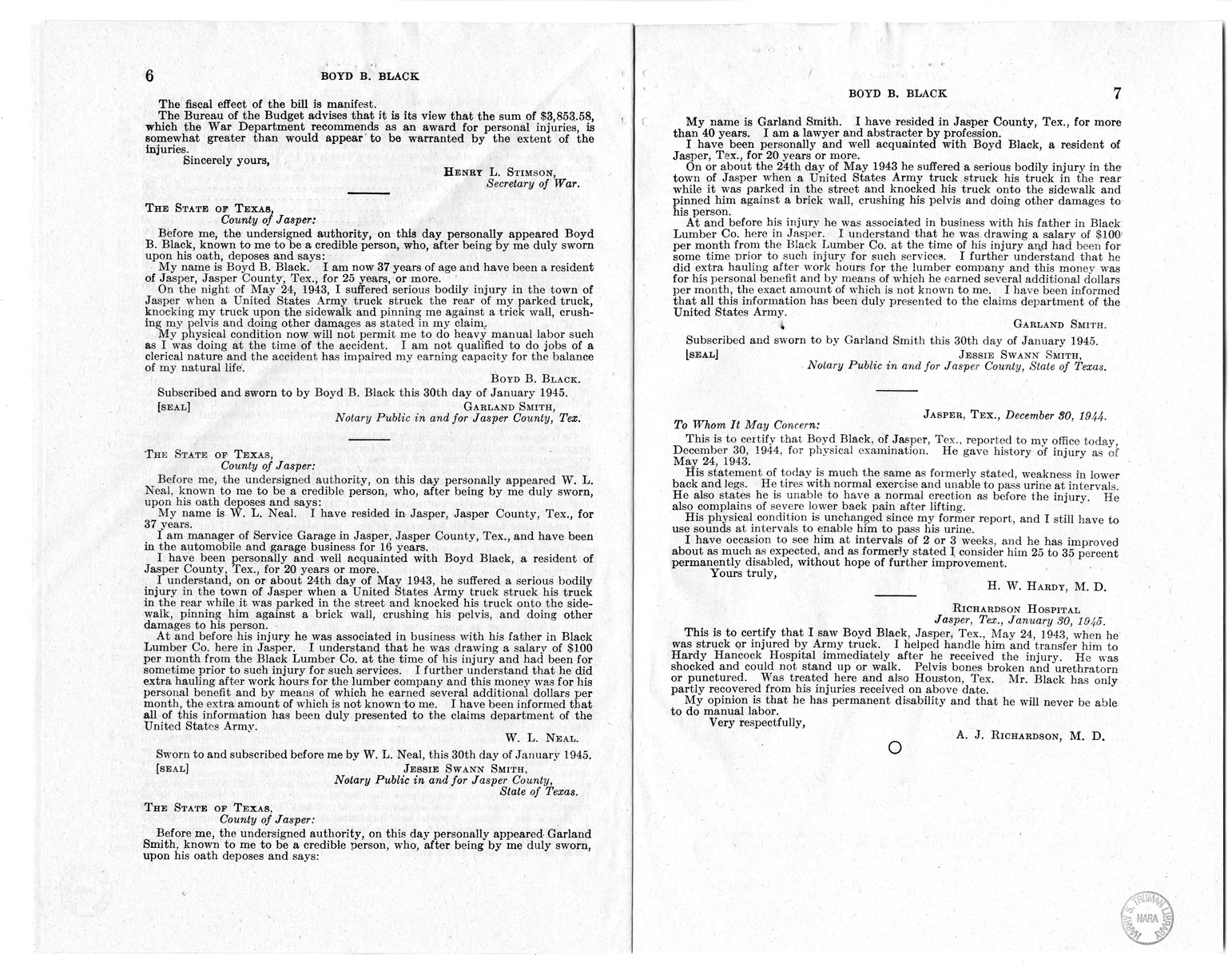 Memorandum from Frederick J. Bailey to M. C. Latta, H.R. 2006, For the Relief of Boyd B. Black, with attachments