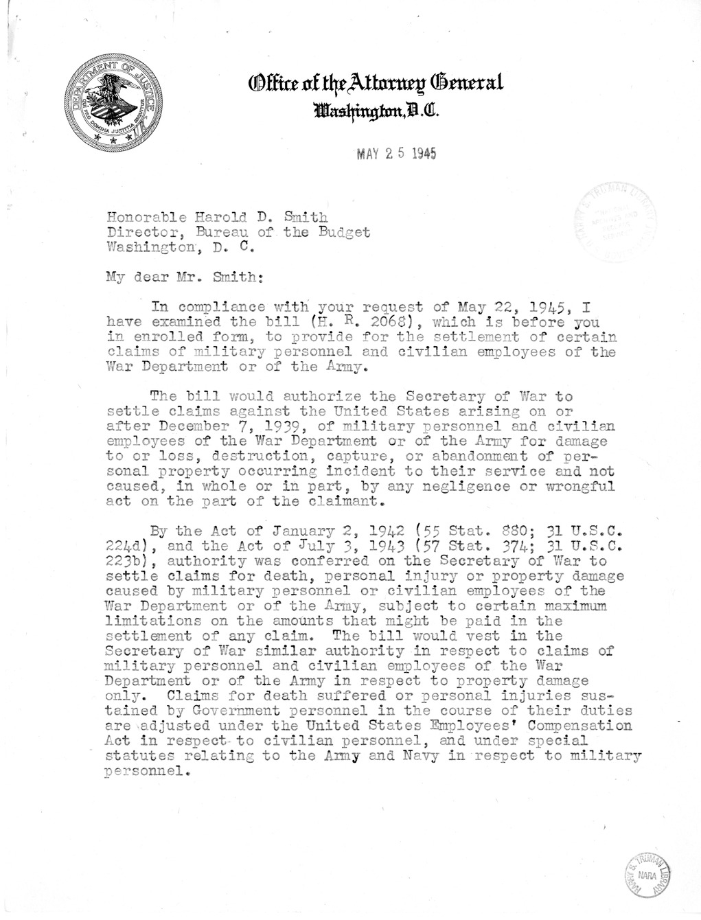 Memorandum from Harold D. Smith to M. C. Latta, H.R. 2068, To Provide for the Settlement of Claims of Military Personnel and Civilian Employees of the War Department or of the Army for Damage to or Loss, Destruction, Capture, or Abandonment of Personal Pr