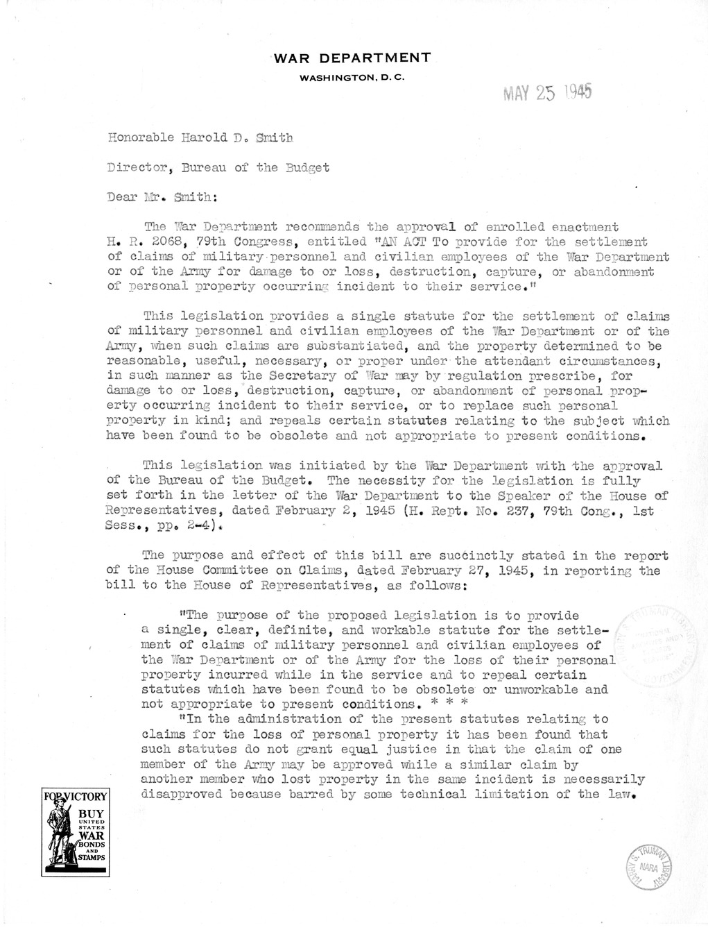 Memorandum from Harold D. Smith to M. C. Latta, H.R. 2068, To Provide for the Settlement of Claims of Military Personnel and Civilian Employees of the War Department or of the Army for Damage to or Loss, Destruction, Capture, or Abandonment of Personal Pr