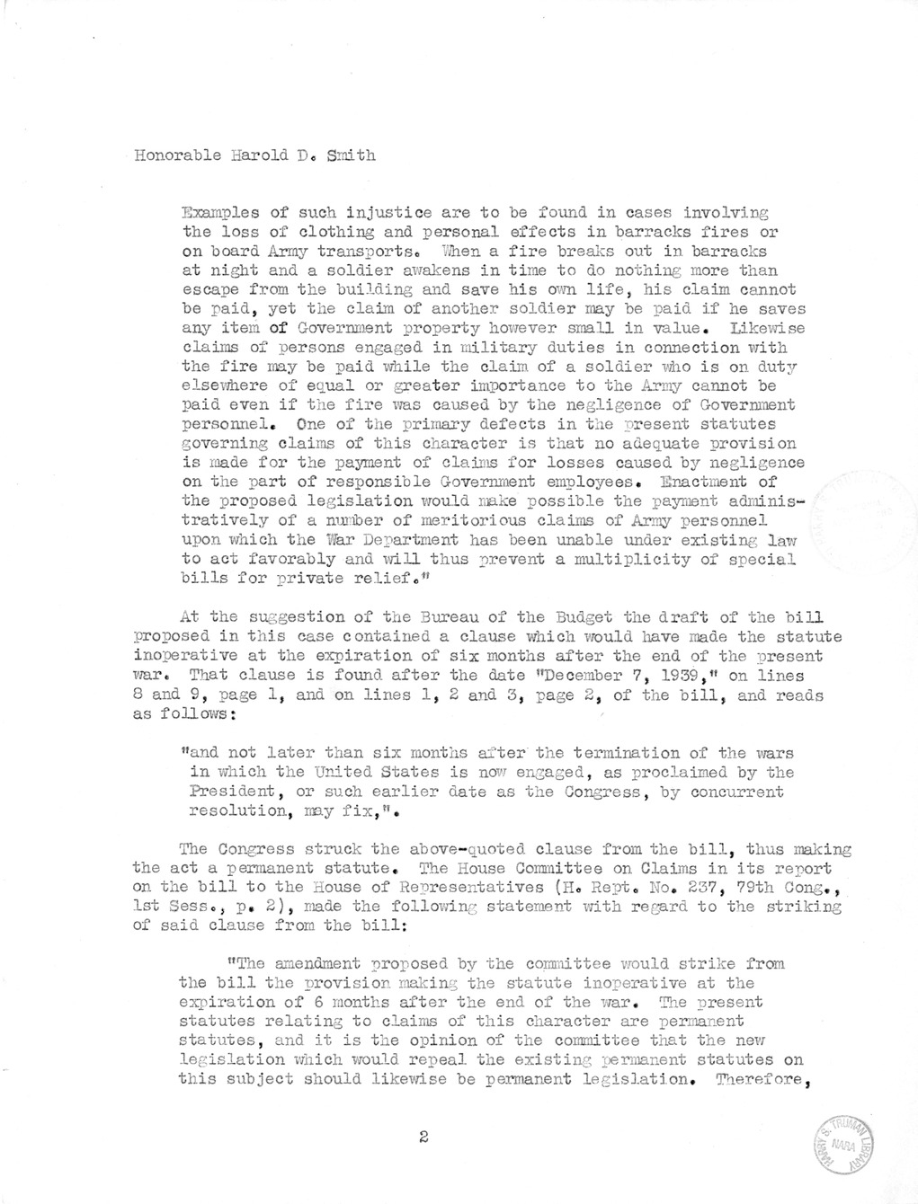 Memorandum from Harold D. Smith to M. C. Latta, H.R. 2068, To Provide for the Settlement of Claims of Military Personnel and Civilian Employees of the War Department or of the Army for Damage to or Loss, Destruction, Capture, or Abandonment of Personal Pr