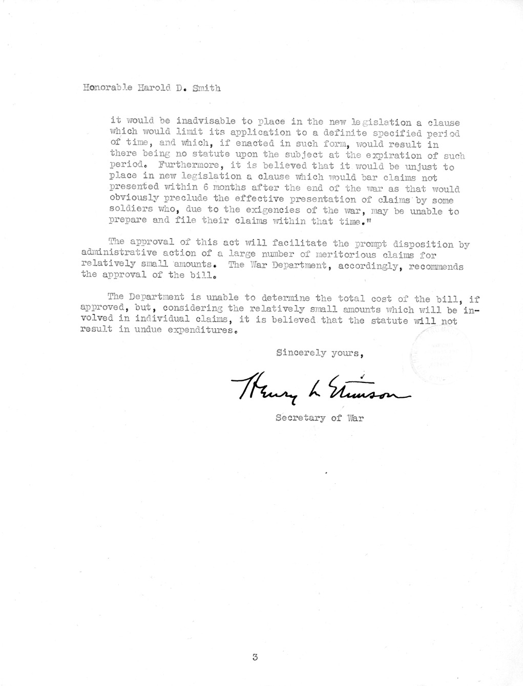 Memorandum from Harold D. Smith to M. C. Latta, H.R. 2068, To Provide for the Settlement of Claims of Military Personnel and Civilian Employees of the War Department or of the Army for Damage to or Loss, Destruction, Capture, or Abandonment of Personal Pr