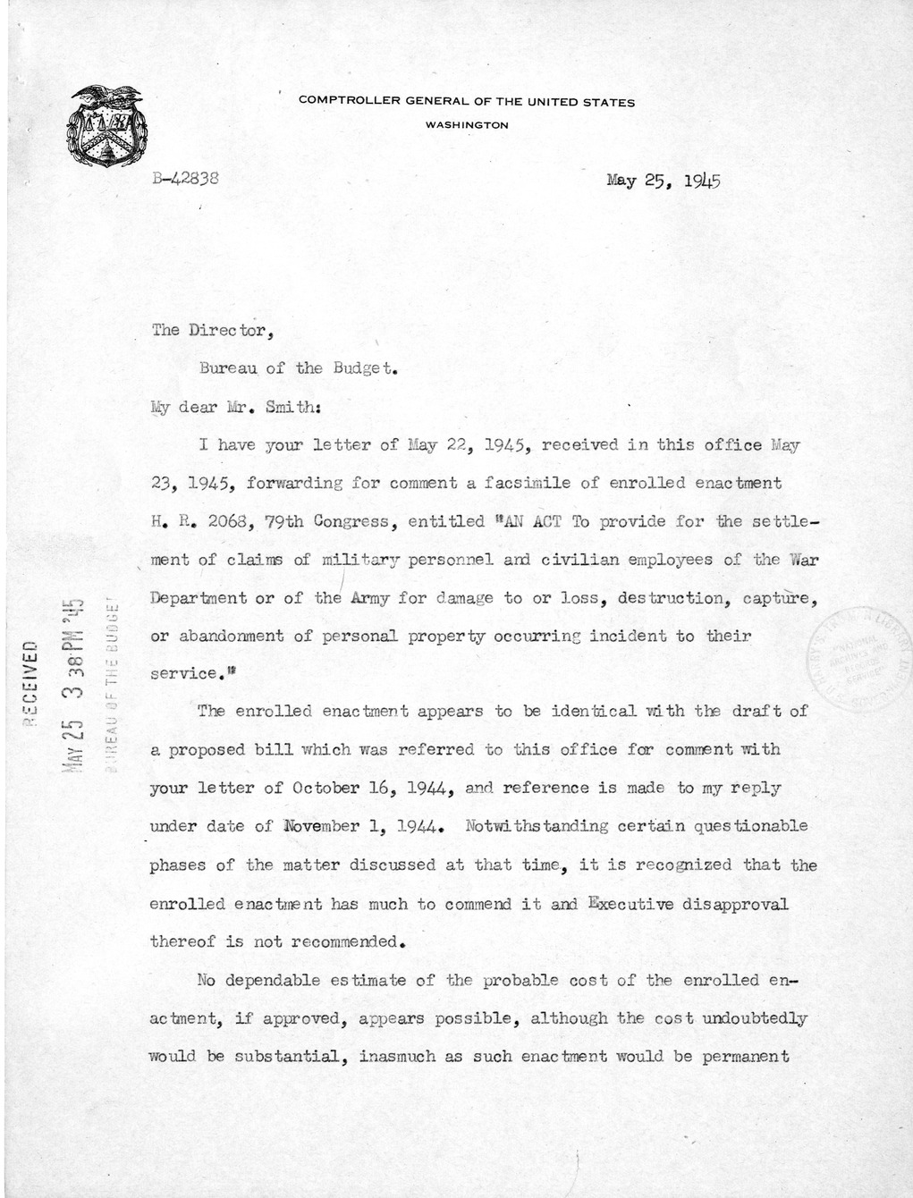 Memorandum from Harold D. Smith to M. C. Latta, H.R. 2068, To Provide for the Settlement of Claims of Military Personnel and Civilian Employees of the War Department or of the Army for Damage to or Loss, Destruction, Capture, or Abandonment of Personal Pr