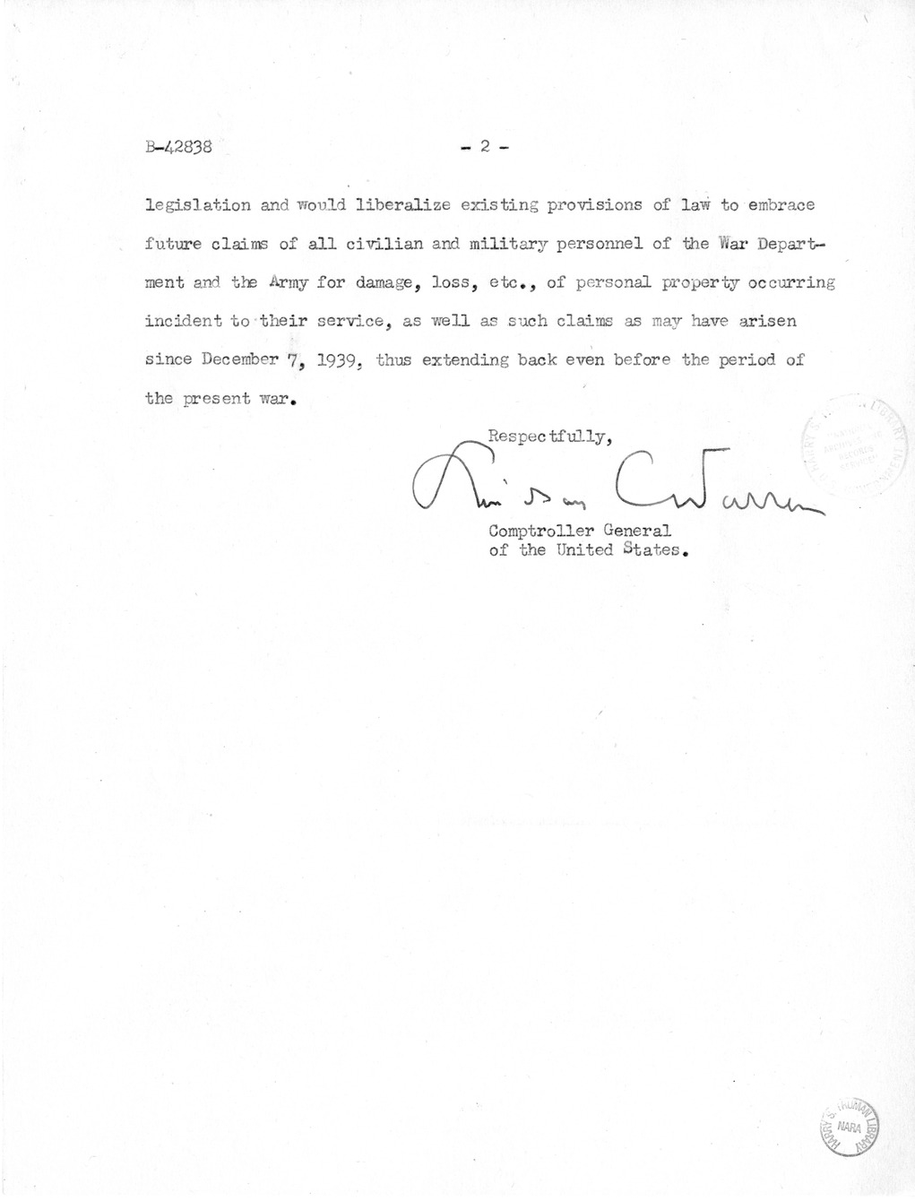 Memorandum from Harold D. Smith to M. C. Latta, H.R. 2068, To Provide for the Settlement of Claims of Military Personnel and Civilian Employees of the War Department or of the Army for Damage to or Loss, Destruction, Capture, or Abandonment of Personal Pr