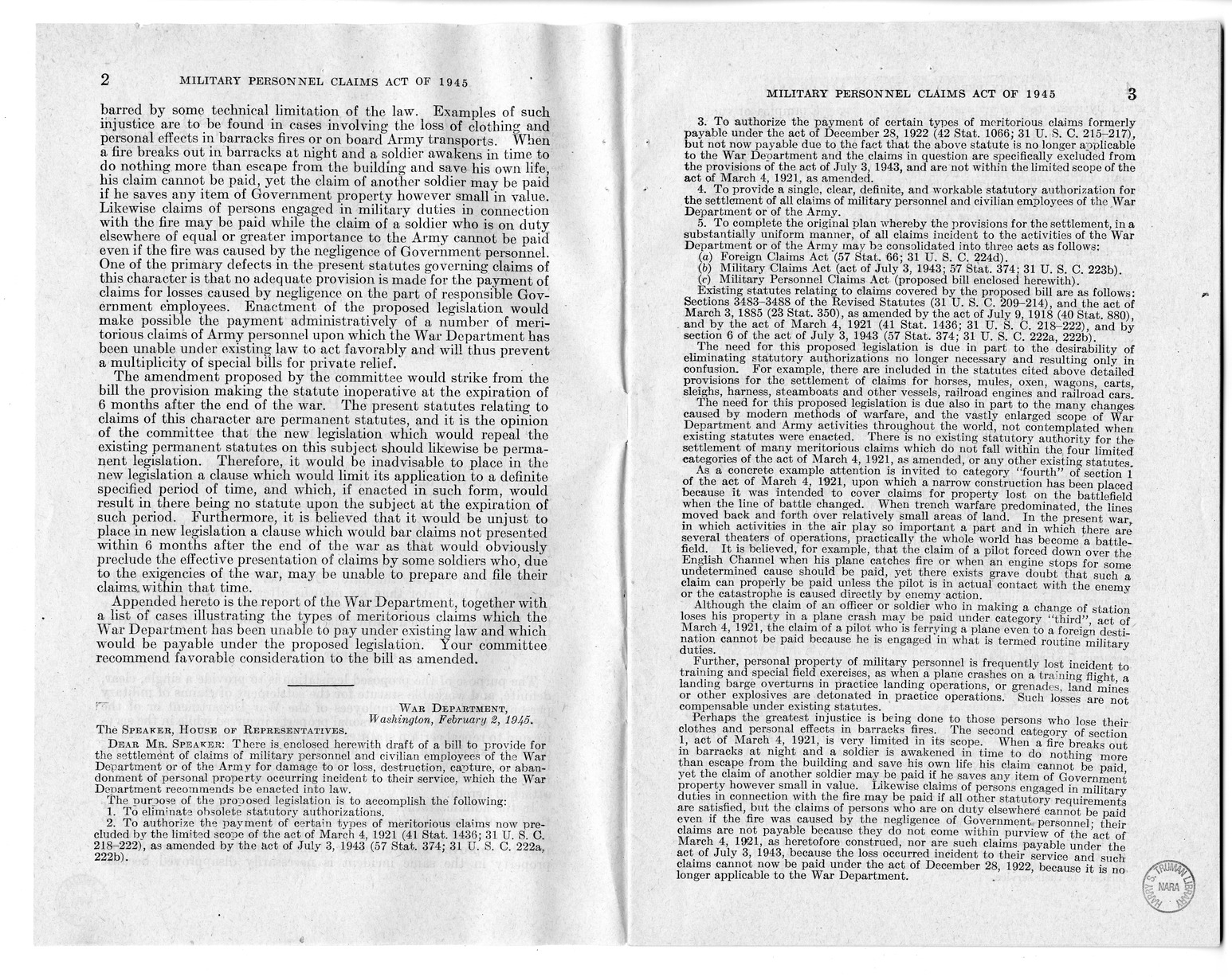 Memorandum from Harold D. Smith to M. C. Latta, H.R. 2068, To Provide for the Settlement of Claims of Military Personnel and Civilian Employees of the War Department or of the Army for Damage to or Loss, Destruction, Capture, or Abandonment of Personal Pr