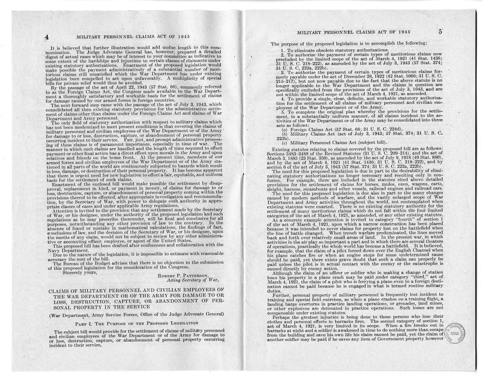 Memorandum from Harold D. Smith to M. C. Latta, H.R. 2068, To Provide for the Settlement of Claims of Military Personnel and Civilian Employees of the War Department or of the Army for Damage to or Loss, Destruction, Capture, or Abandonment of Personal Pr